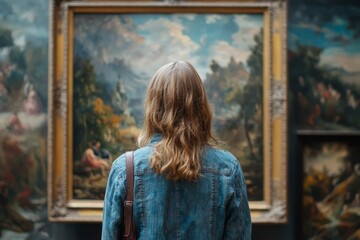 Fototapeta premium Woman admires painting in a museum gallery.