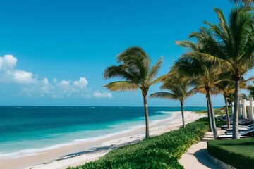 Palm trees swaying on a beautiful tropical beach with crystal clear turquoise water and blue sky, perfect for a relaxing vacation