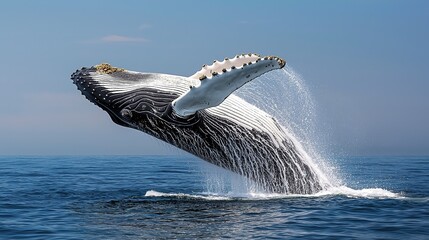 Fototapeta premium Spectacular Humpback Whale Breaching, Full Body Clear of Water, Ocean Spray, Blue Sky