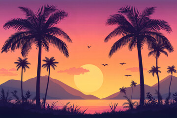 Palm trees silhouettes at sunset over a tropical ocean with flying birds and mountains in the background