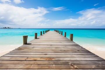 Fototapeta premium Wooden dock stretching into the calm blue ocean under a bright sky, peaceful summer getaway, perfect coastal travel scene.