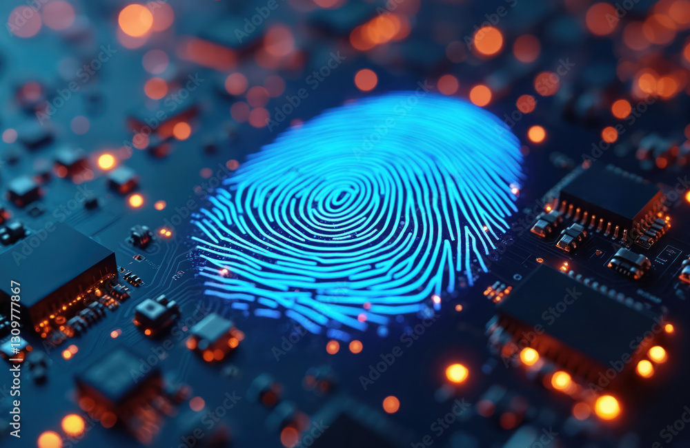 Poster digital identity biometric authentication in futuristic cyber security tech. blue fingerprint on ele