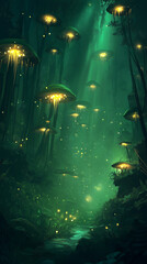 Obraz premium A mystical enchanted forest with glowing mushrooms and fireflies, deep greens and magical mist, fantasy-style, mobile wallpaper
