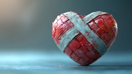 A cracked red heart held by bandages floating softly over a subtle gradient background