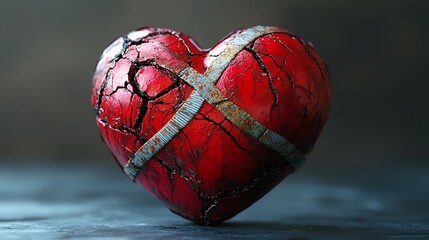 A cracked red heart held by bandages floating softly over a subtle gradient background