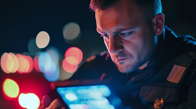 Night Shift Officer Focused on Digital Data