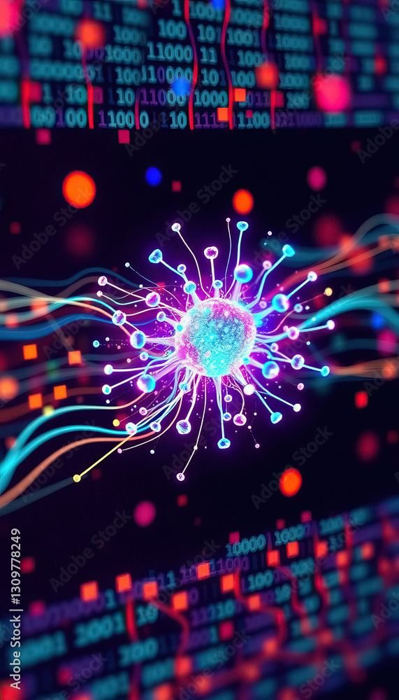 Aufkleber Abstract digital virus with vibrant colors and binary code background symbolizing cybersecurity