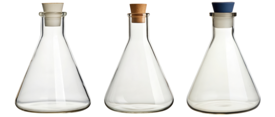 Three empty glass Erlenmeyer flasks on a transparent background