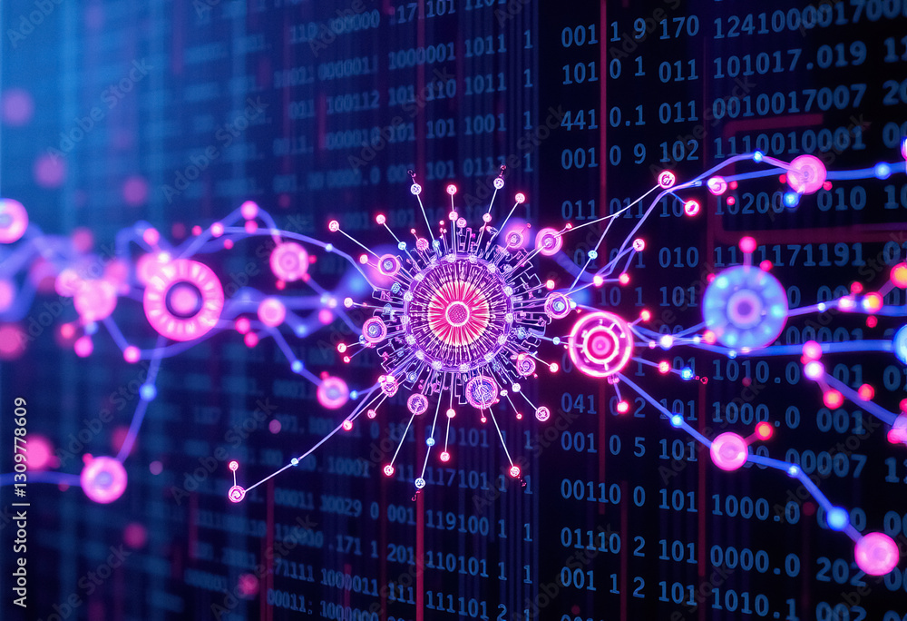 Poster Abstract data visualization with interconnected nodes binary code backdrop suggesting digital world