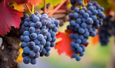A close-up shot of dark blue grapes hanging from the vine, with vibrant red and orange leaves in autumn.