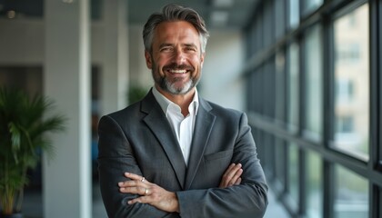 Successful confident caucasian 40s businessman with beard in suit poses in office with crossed arms smiling. Middle-aged executive looks at camera in formal wear. He is boss, leader, investor.