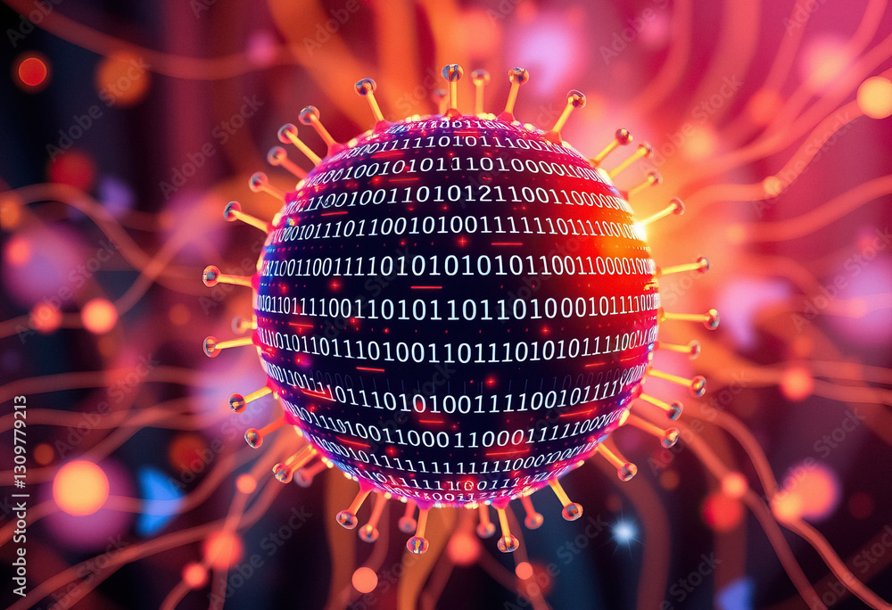 Aufkleber Digital Virus Microscopic pathogen displayed with glowing binary code and bright vibrant colors