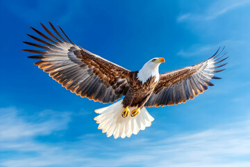 Obraz premium Majestic bald eagle in flight against a vibrant blue sky.