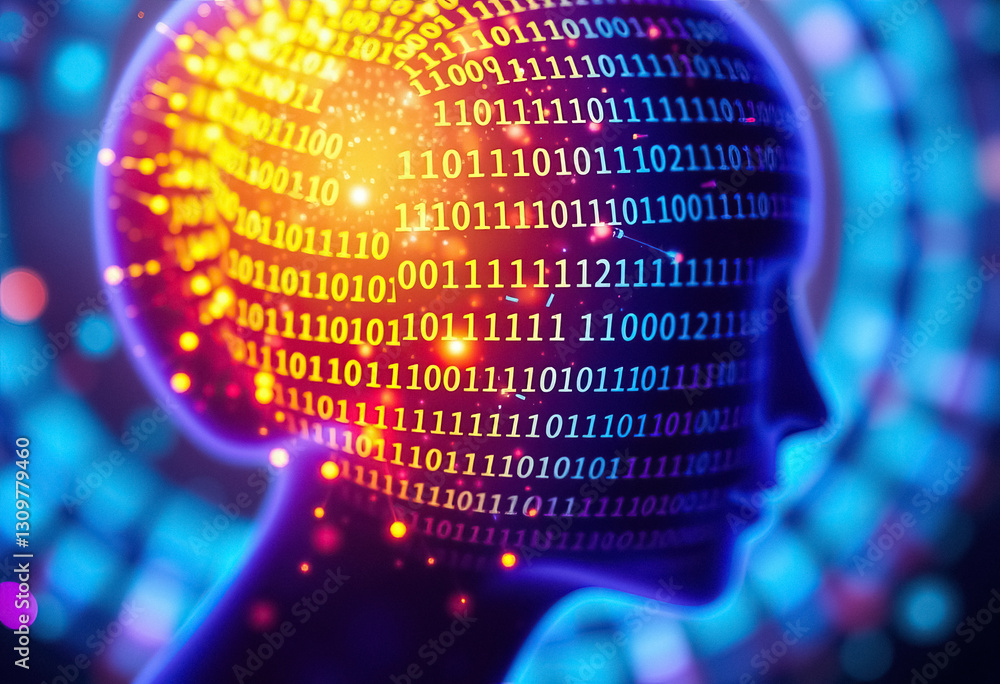 Poster digital representation of human head filled with binary code symbolizing artificial intelligence
