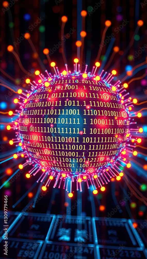 Poster Abstract colorful sphere with glowing binary code and radiating lines tech aesthetic