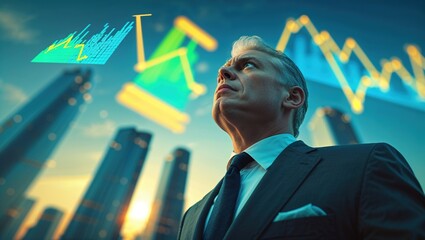 A professional man in a suit gazes upward, contemplating financial data in a modern city. Charts and graphs representing stock market trends float in the air, creating a dynamic atmosphere