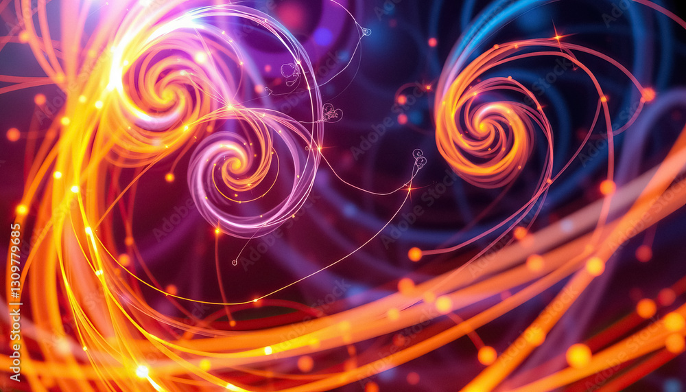 Poster abstract of glowing lines swirling in spiral pattern with purple and blue background