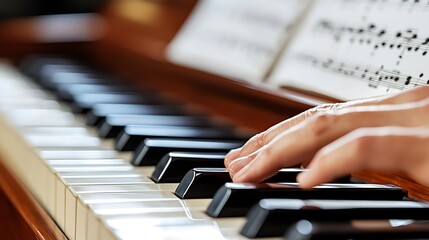 Fototapeta premium Pianist's hands play music on keys; sheet music blurred behind, for ads, education