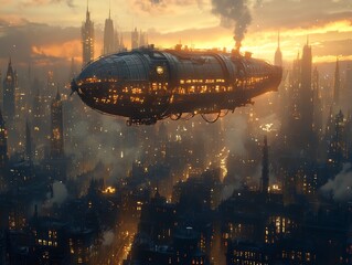 Steampunk airship flying over a futuristic city at sunset.