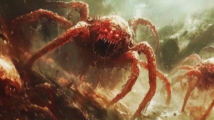 Nightmarish arachnid horror creature emerging from a murky landscape
