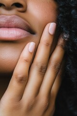 Close-Up of Womans Face with Soft Skin and Manicured Nails