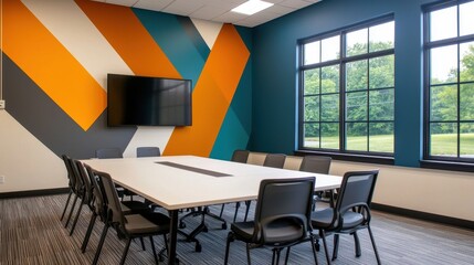 Modern Conference Room with Vibrant Geometric Wall Design