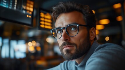 Obraz premium Close-up of a focused professional man in a modern office setting