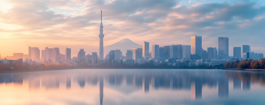 Stunning tokyo cityscape features skytree fuji and lake reflection