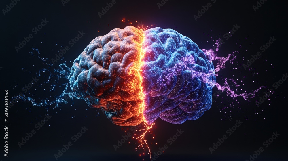 Poster abstract representation of a brain surrounded by a red and blue explosion symbolizing creativity and