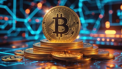 Golden cryptocurrency coins are arranged in stacks, reflecting light in a high-tech environment. Digital patterns and circuits create a vibrant backdrop, illustrating modern trading culture