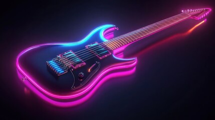 Fototapeta premium Neon Electric Guitar in Dark Studio