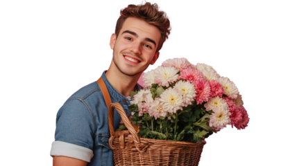 A young man with brown hair, wearing a blue T-shirt and a dark apron, holds a wicker basket filled with red, yellow, and white flowers on a transparent background