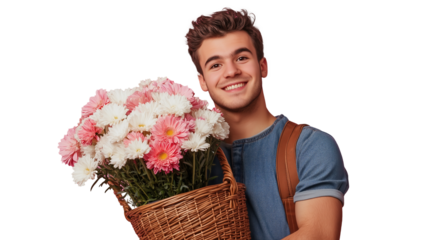 A young man with brown hair, wearing a blue T-shirt and a dark apron, holds a wicker basket filled with red, yellow, and white flowers on a transparent background