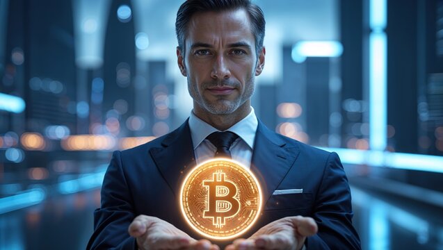 A confident trader showcases a glowing Bitcoin in his hands, set against a futuristic city skyline at night. The atmosphere reflects innovation and financial ambition