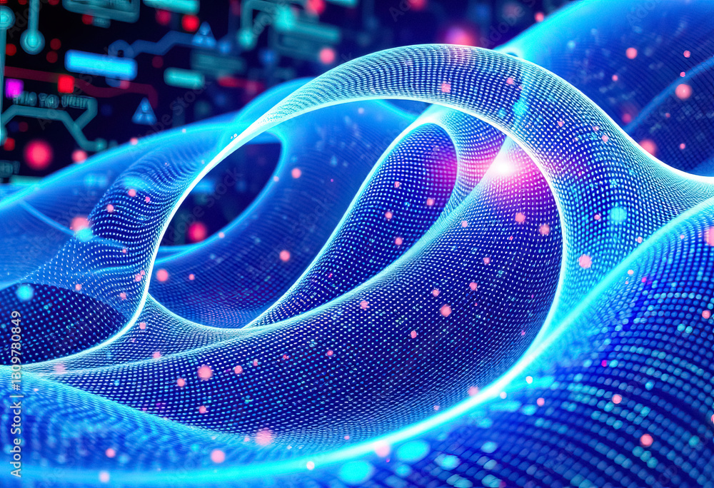 Poster Abstract blue technology concept art featuring dynamic wave structure with digital particles