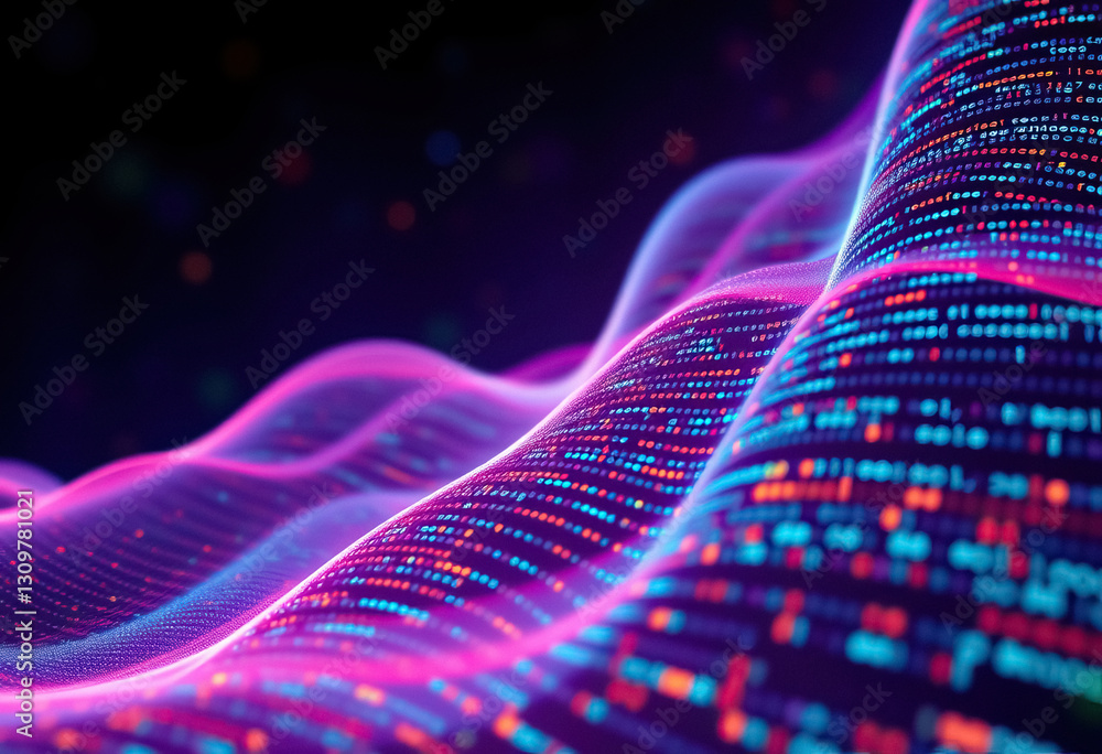 Poster Abstract waves of digital code flow like water in ocean of data illuminated in bright colors