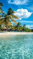 Obraz premium Tropical beach landscape, crystal clear water, soft white sand, and gentle palm trees swaying