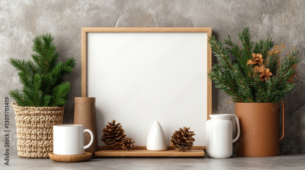 Poster rustic frame featuring a pine branch and a cozy mug perfectly arranged for a warm and inviting winte