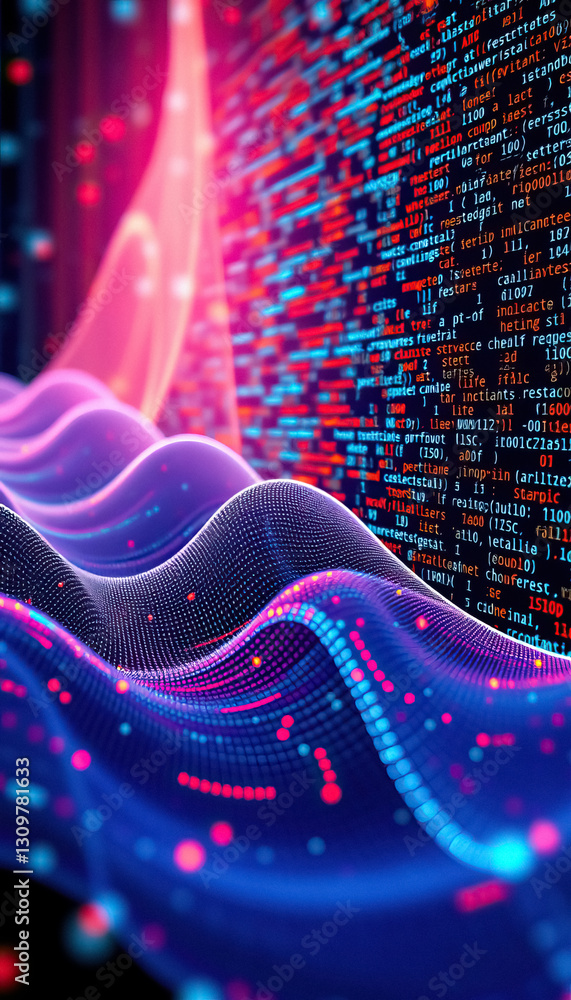 Poster Abstract tech display with digital waves and code in vibrant colorful patterns