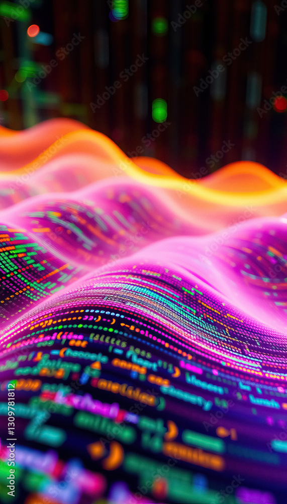 Fototapete Vibrant display of software code Abstract waves of light accentuate depth of programming