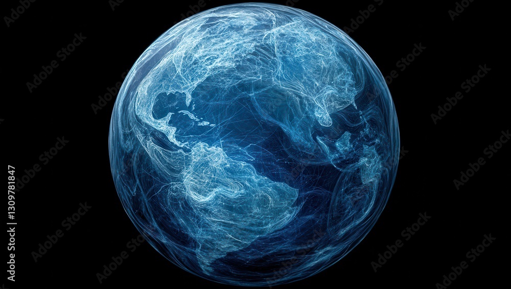 Poster abstract blue globe illustration showing a network of lines and connections representing global comm