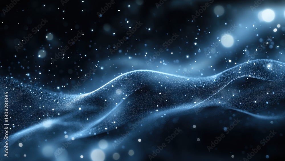 Poster abstract blue shimmering waves with glowing particles and bokeh effects creating a mystical and calm