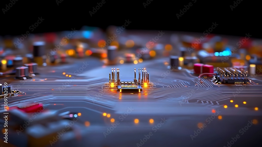 Poster close-up view of a vibrant circuit board with glowing components and intricate details
