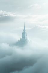 White church spire emerging from dense fog with a serene, minimalist atmosphere