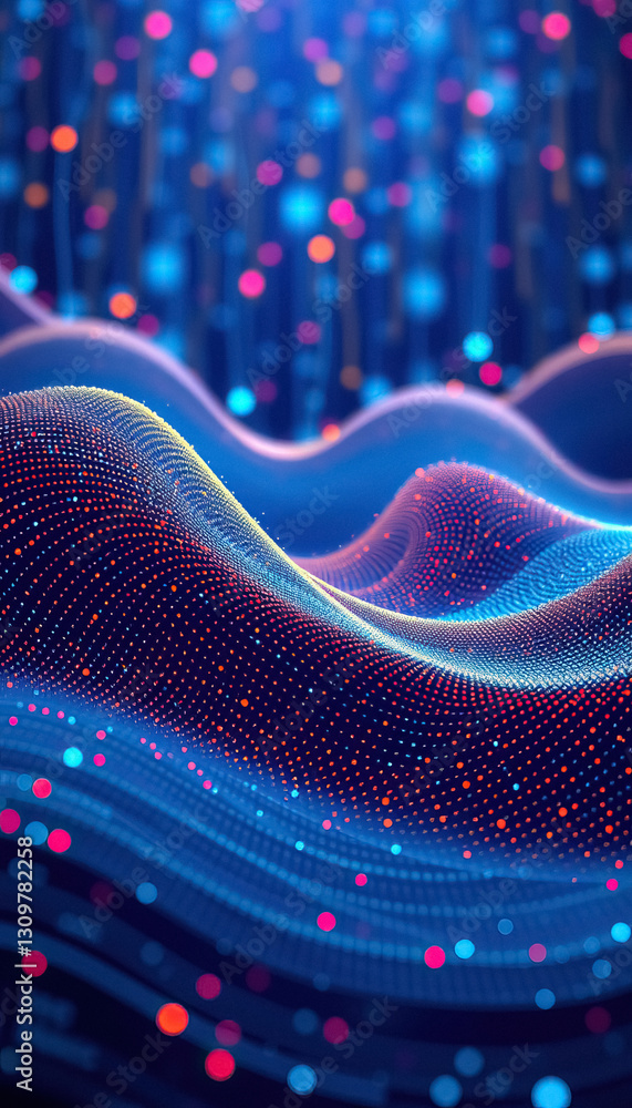 Poster Abstract wave patterns of connected colorful dots sense of depth and movement