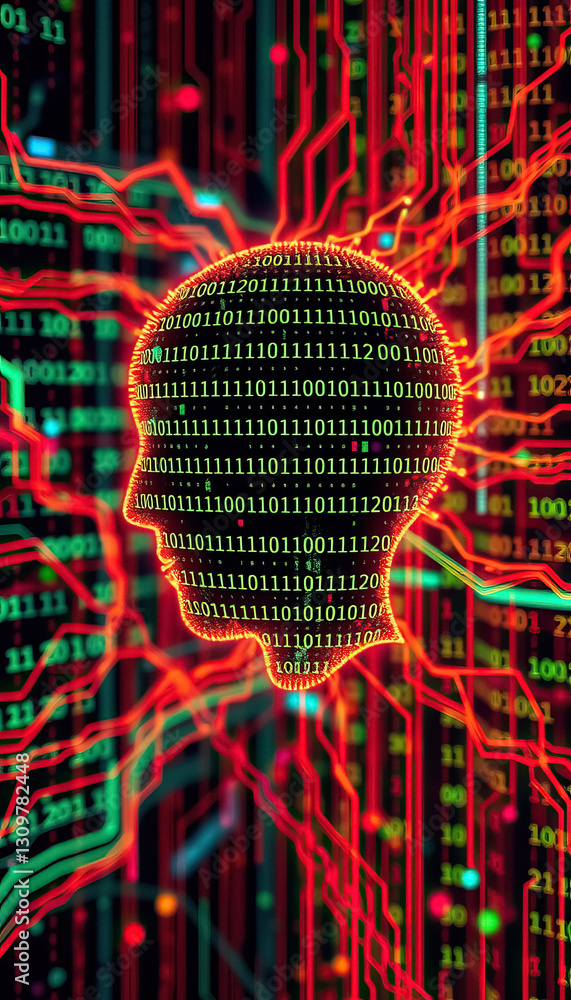 Aufkleber Digital Mind Artificial intelligence represented by binary code forming human head profile