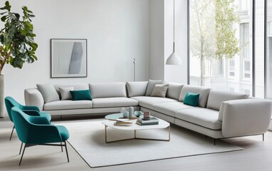 Modern living room with sectional sofa, teal accent chairs, and a minimalist coffee table. Large windows offer city views.