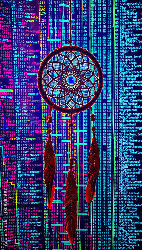 Aufkleber Dreamcatcher against background of glowing computer code blending tech and tradition