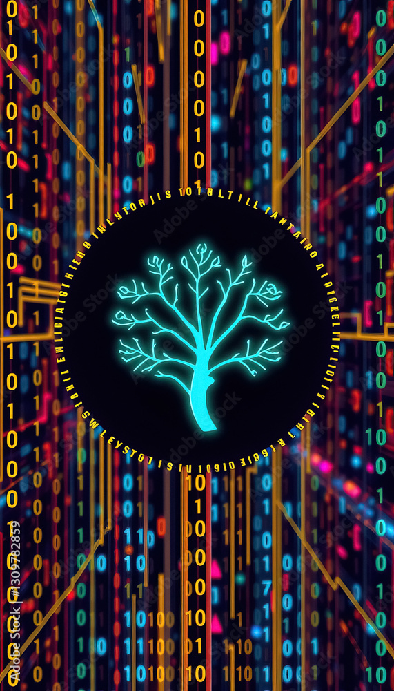 Poster Abstract digital tree emblem surrounded by binary code symbolizing growth in technological age