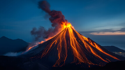 Dramatic Night Volcano Eruption: Molten Lava Cascade - Concept of Nature's Raw Power, Geothermal Energy & Earth's Dynamic Force